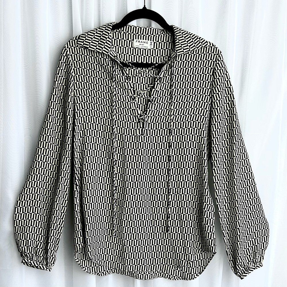 Frame - Silk Blouse, Black and White Patterned Women's Top